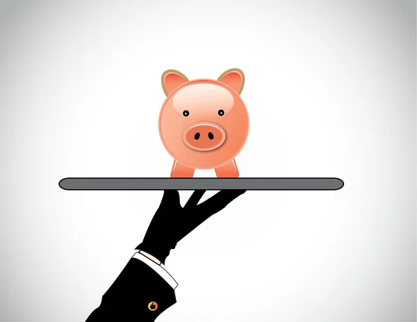 Ручний силует, що представляє рожевий скарбничку для інвестицій в заощадження. Професійна рука, що тримає усміхнений скарбничку для інвестування або заощадження грошей або інвестицій - банківська концепція ілюстрація — стоковий вектор