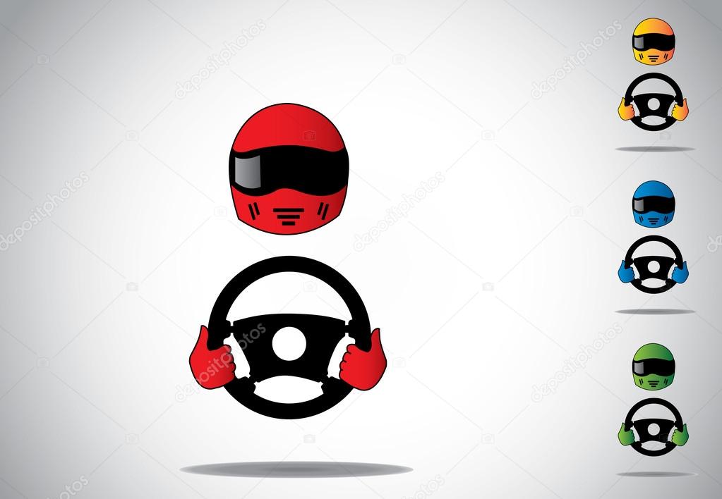 Colorful racing car driver helmet with hands on steering wheel. attractive colored formula one or professional car racing driver with red helmet and red gloves holding black steering collection set