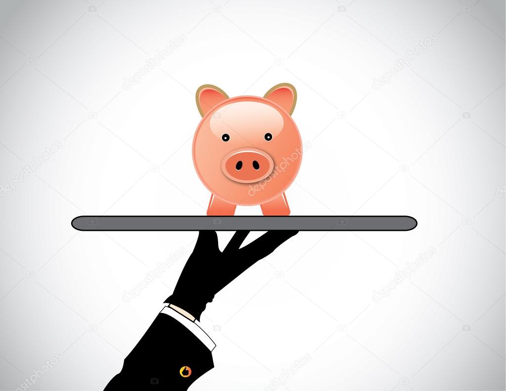 Hand silhouette presenting a pink piggy bank for savings investment. A professional hand holding a smiling piggybank for investing or saving money or investments  - banking concept illustration