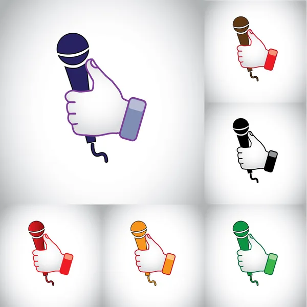 Duimschroef opwaarts hand illustratie symbool met karaoke mic microfoon. kleurrijke blauw rood zwart handen met op een luidspreker of de microfoon opname instrument voor spreken of te zingen op een karaoke nacht concept — Stockvector