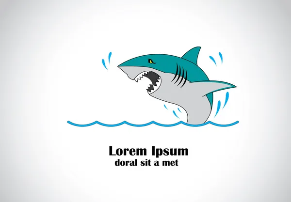 Jovem grande tubarão branco irritado pulando do mar para atacar o conceito. Uma ilustração 3D realista de grandes peixes de tubarão saltam da superfície do oceano para atacar uma presa ou pessoa nade em seu próprio símbolo de risco — Vetor de Stock