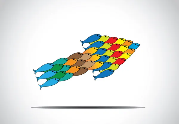 Gruppe vielfarbiger Fische, die sich in einer pfeilförmigen Konzeptkunst nach oben bewegen. Farbenfrohes Fischteam arbeitet als enge Einheit zusammen und macht Fortschritte in Richtung Aufwind - Teamwork-Führung Illustration — Stockvektor