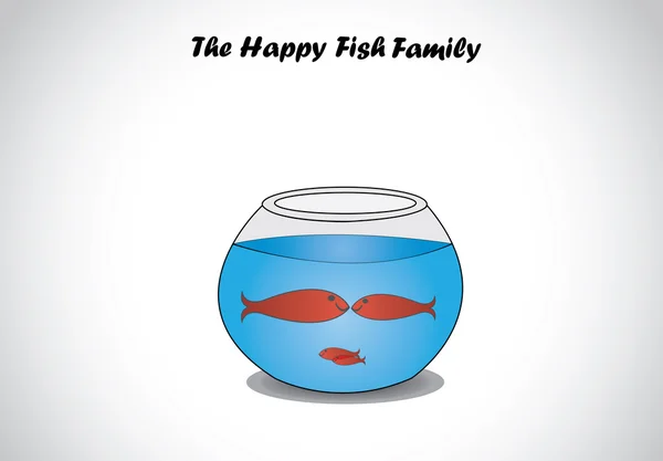 Red happy fish family in glass aquarium bowl concept design art. a transparent fishbowl with red dark smiling aquatic fishes swimming in happiness in fresh blue water - illustration art — Stock Vector