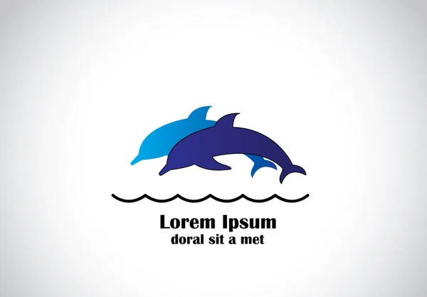 Junge blaue, glückliche Delfine springen gemeinsam in den Ozean. schöne energetische blaue Delphin-Silhouette Tauchen in Meeresoberfläche Symbol - freie Tierwelt oder Sealife Illustration Art — Stockvektor