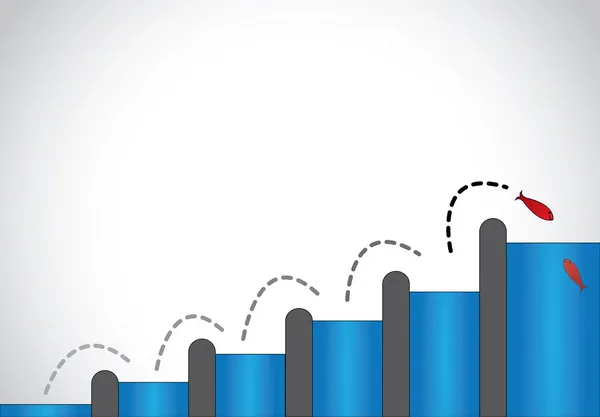 Waarschuwing jonge vis springen stap voor stap beter groter tank. een slimme rode gelukkig vissen springen één stap tegelijk te bereiken zijn geliefde of partner - risico nemen & succes concept illustratie kunst — Stockvector