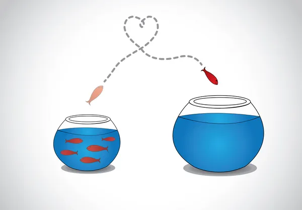 Waarschuwing jonge vissen ontsnappen vol kleine glazen kom aan big. een slimme rode gelukkig vis springen van een kleine een glazen tank met blauwe water naar een grote - passie risico nemen concept illustratie kunst — Stok Vektör