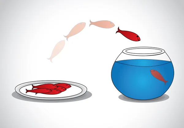 Alertez les jeunes poissons qui s'échappent de la plaque de poissons morts dans un bol en verre. un poisson heureux rouge intelligent sautant d'une assiette de poissons morts tristes à un réservoir en verre avec de l'eau bleue - concept de survie illustration art — Image vectorielle