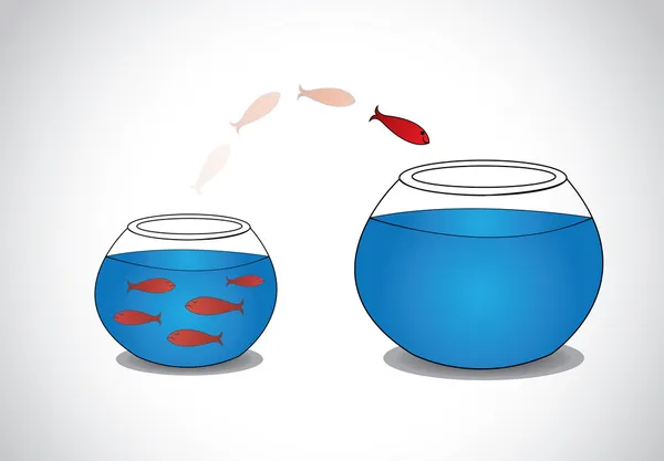 Alertez les jeunes poissons qui s'échappent d'un petit bol en verre surpeuplé à grand. un poisson heureux rouge intelligent sautant d'un petit réservoir en verre avec de l'eau bleue à un grand - passion risque de prendre concept illustration art — Image vectorielle