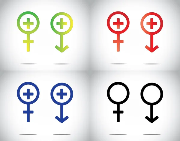 男性女性男人女人医疗健康加上符号收藏集。蓝色、 绿色、 红色和黑色的彩色男性和女性符号的概念图 — 图库矢量图片