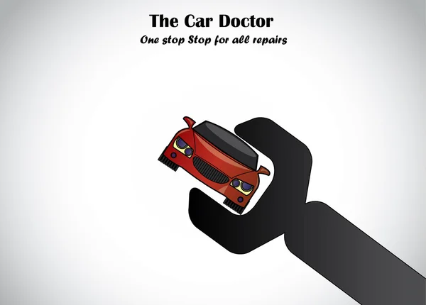 Auto Car repair company solution spanner image concept design. Una llave grande negra que fija un arte hermoso de la ilustración del coche del color rojo — Vector de stock