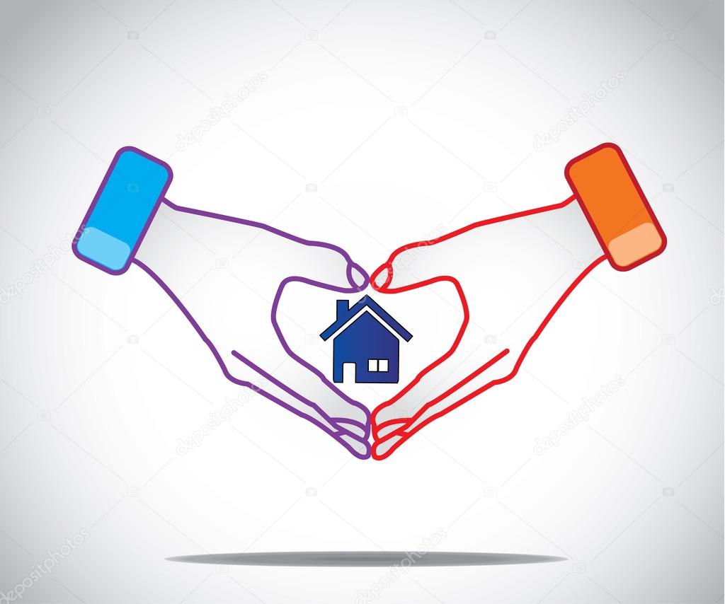 Man woman couple hold hands like heart with house home in middle
