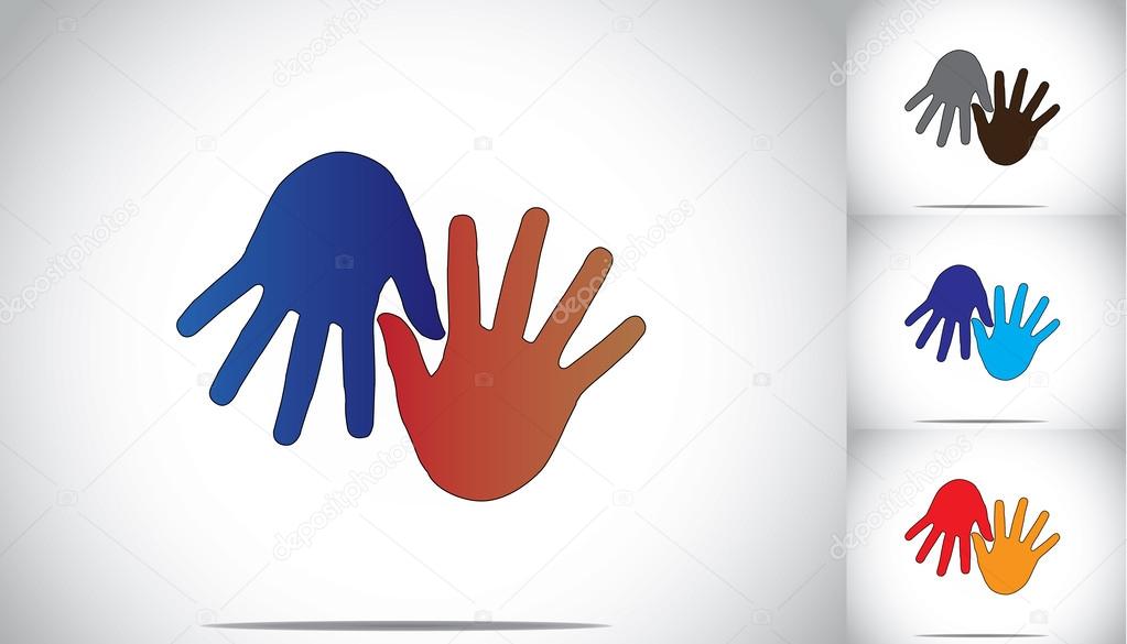 Colorful two human hands supporting family friends concept art. blue and red colored human hands helping each other in friendship and relationship - collection illustration set