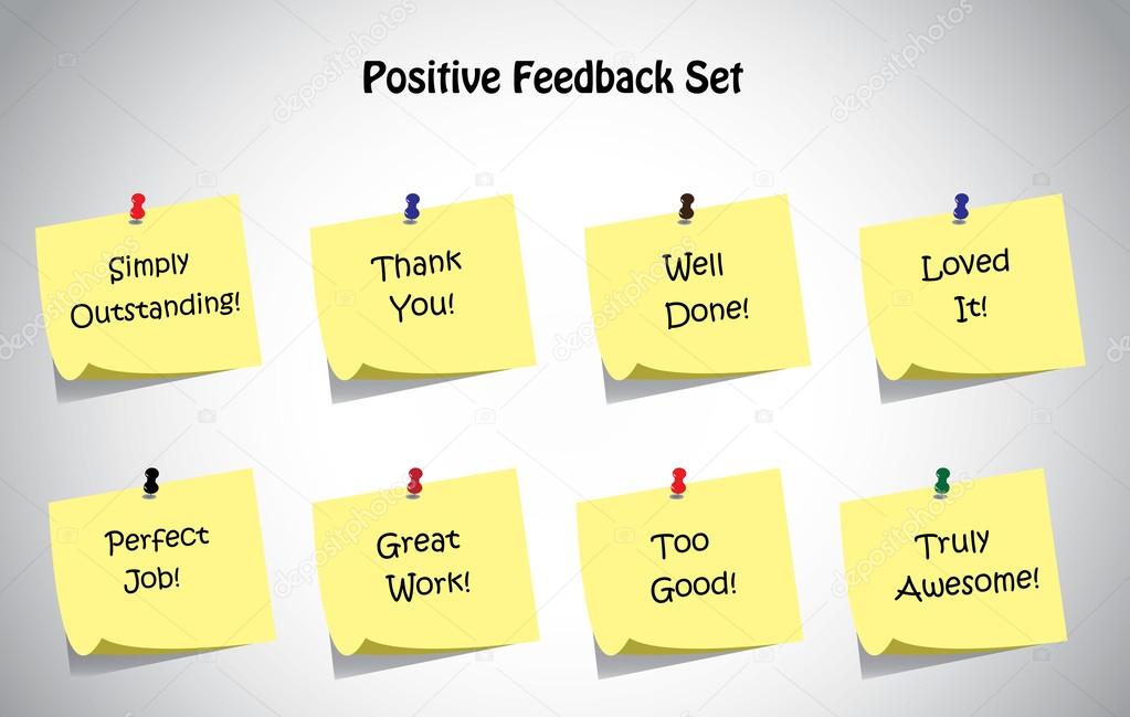 simple unique positive feedback text post it notes collection set. Thank you, loved it, well done, truly amazing, perfect job, great work, too good, simply outstanding positive feedback text concept