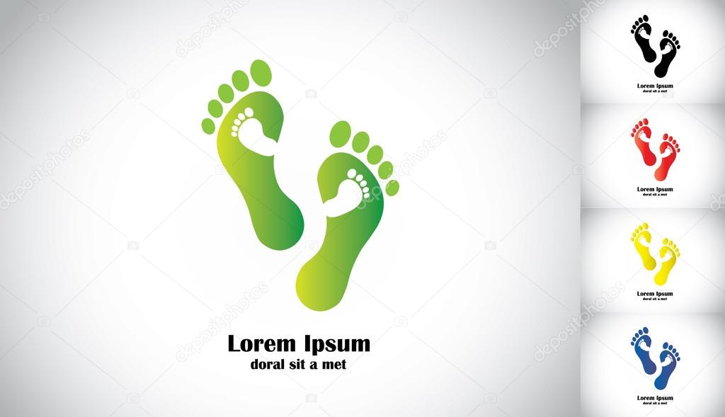 Green foot steps leading environmentally friendly path to baby. father or mother footsteps guiding the kid or baby towards a greener future concept illustration art collection set