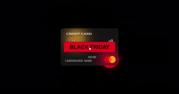 Černý pátek a neutrální kreditní karta na černém průhledném pozadí s efektem morfismu skla. Koncept online nakupování, mobilní platby, finanční transakce. Reálná animace smyčky — Stock video