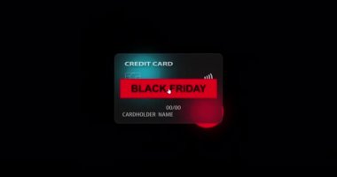 Kara Cuma ve Nötr kredi kartı, cam morfizm etkisindeki siyah şeffaf arka planda. Çevrimiçi alışveriş, mobil ödemeler, finansal işlemler. Gerçekçi canlandırma döngüsü
