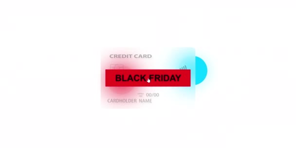 Black Friday y tarjeta de crédito Neutral sobre fondo colorido con efecto morfismo de vidrio. El concepto de compras en línea, pagos móviles, transacciones financieras. vídeo de bucle — Vídeos de Stock