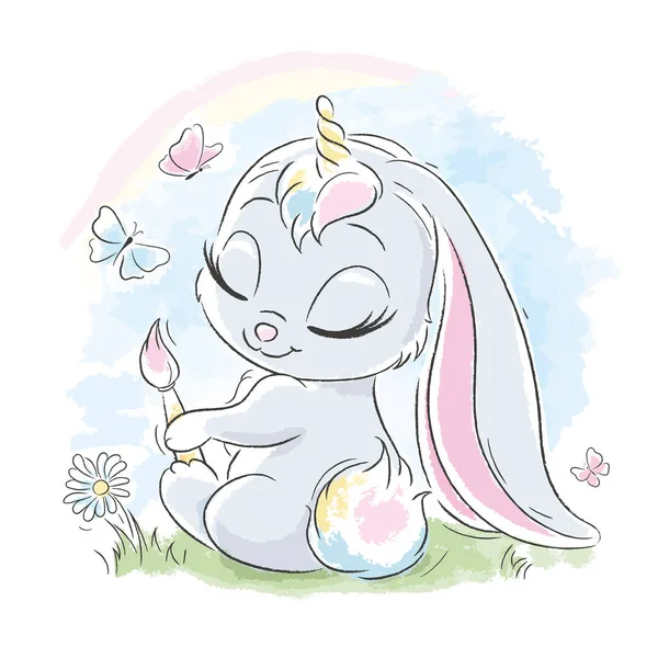 Sevimli tavşan. Tatlı bir tavşan tek boynuzlu at olmayı hayal eder. Modern stilde moda çizimi