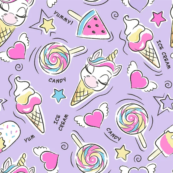 아름다운 보라색 유니콘 아이스크림 패턴귀엽네 옷차림에 현대적 을묘사 — 스톡 벡터