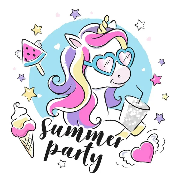 - Sanat. Kıyafetler için modern tarzda moda çizimi. Yaz partisi mesajı. Güzel yaz tekboynuz partisi illüstrasyonu