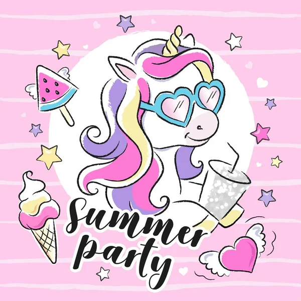 - Sanat. Kıyafetler için modern tarzda moda çizimi. Şirin tek boynuzlu at. Yaz partisi metni.