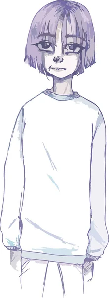 Ręczny Szkic Dziewczyny Kwadratem Anime Postać Dziewczyna Fioletowymi Włosami Swetrze — Wektor stockowy