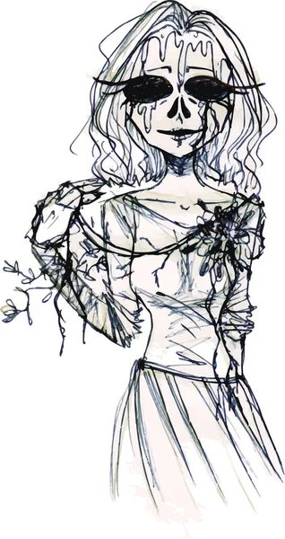 Gelinlik içinde çiçekli gotik bir gelin. Gotik karikatür tarzında gelin. Anime gelin eskizi. Gelinlik vektörü olan kız. Meksikalı kız Ölüler Günü 'nü kutluyor. Karnaval için kostümlü kız