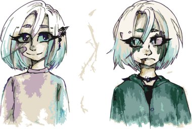 Vector sketch illustration of two different emotions. Sad and funny anime girl. Cartoon characters freehand drawing vector Vector sketch illustration of two different emotions. Sad and funny anime girl. Cartoon characters freehand drawing vector