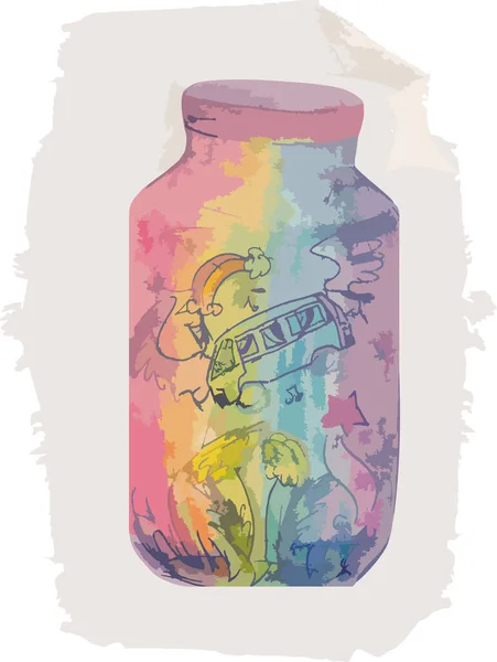 Renkli etiketli bir şişenin vektör çizimi. Renkli bir parmak izi olan bir şişe taslağı. Çiçeklerin arasında bir şişe otobüsünde yazarın etiketi