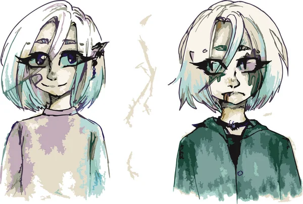 İki farklı duygunun vektör çizimi. Üzgün ve komik anime kızı. Çizgi film karakterleri serbest çizim