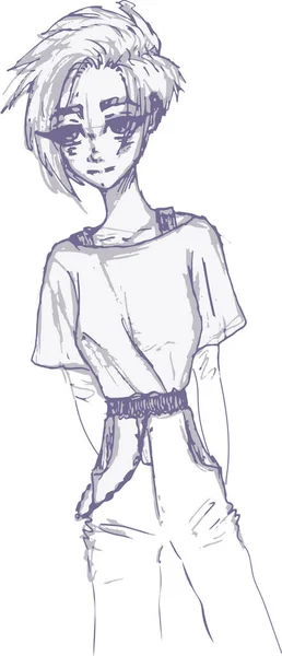   Tulumlu bir kızın vektör çizimi. Şık giyinmiş bir gencin çizimi. Tulumlu, kısa saçlı bir kızın serbest çizimi.