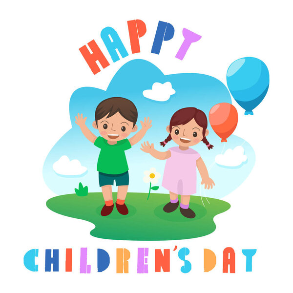 Happy childrens day concept with a pair of children playing with balloons happily