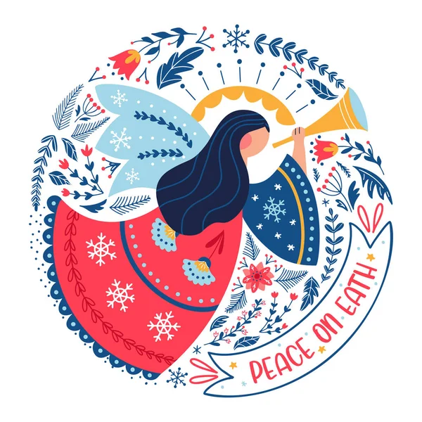 Natal anjo menina doodle vetor cartão cristão — Vetor de Stock