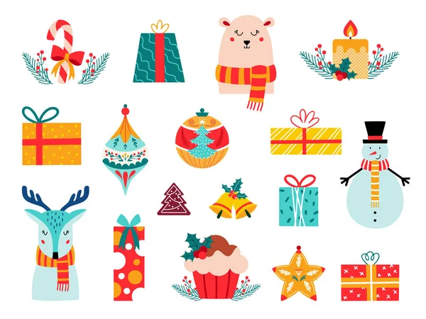 Christmas vector set xmas present reindeer bear snowman — Stock Vector