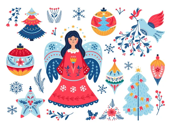 Noël ange décor boules arbre gui set — Image vectorielle