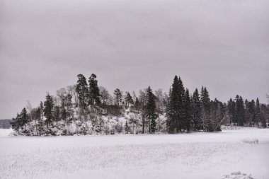 Park Mon Repos or Monrepos in a snowy forest in Vyborg in winter