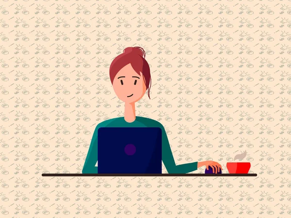 家にいる女の子 ラップトップを持つ女性 フリーランスや勉強の概念 女性キャラクター ラップトップを使用してオンラインでチャット 熱いお茶やコーヒーを飲む — ストックベクタ