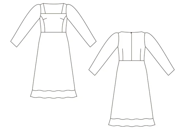Technical Sketch Maxi Length Dress Back Front View — 스톡 벡터