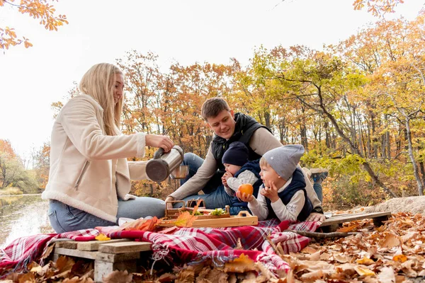 Ailesi Göl Kenarındaki Ormanda Dinlenirken Piknik Yapmış Aile Bireyi Bakım — Stok fotoğraf