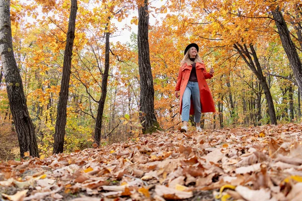 Νεαρή Κοπέλα Ξανθά Μαλλιά Περπατάει Στο Δάσος Του Φθινοπώρου Έννοια — Φωτογραφία Αρχείου