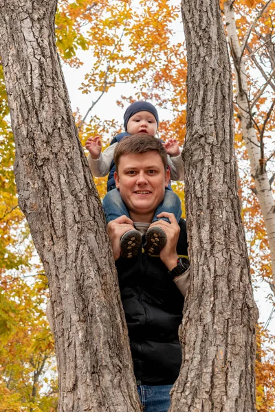 Dad Carries Toddler His Neck Autumn Forest Take Walk Outdoor — Stock Photo, Image