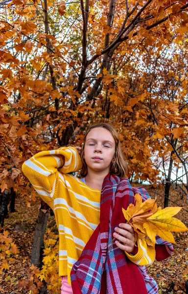 Dívka Žlutém Pleteném Svetru Chodí Zabalená Červené Kostkované Přikrývce Útulná — Stock fotografie