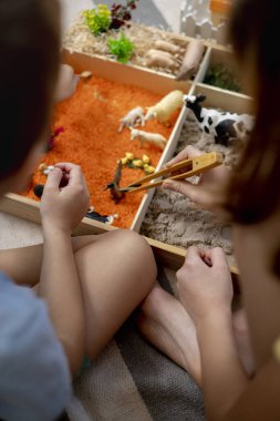 İçinde gökkuşağı pirinci olan dokunmatik çekmece. Çocuklar dokuya dokunur ve kumları dağıtırlar. Bebekler için Montessori maddi konsepti. Hayvan heykelcikleriyle fantezi oyunu.