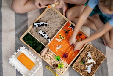 İçinde gökkuşağı pirinci olan dokunmatik çekmece. Çocuklar dokuya dokunur ve kumları dağıtırlar. Bebekler için Montessori maddi konsepti. Hayvan heykelcikleriyle fantezi oyunu.
