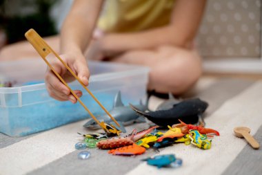 İçinde gökkuşağı pirinci olan dokunmatik çekmece. Çocuklar dokuya elleriyle dokunur. Bebekler için Montessori maddi konsepti. Figür deniz yaşamı.