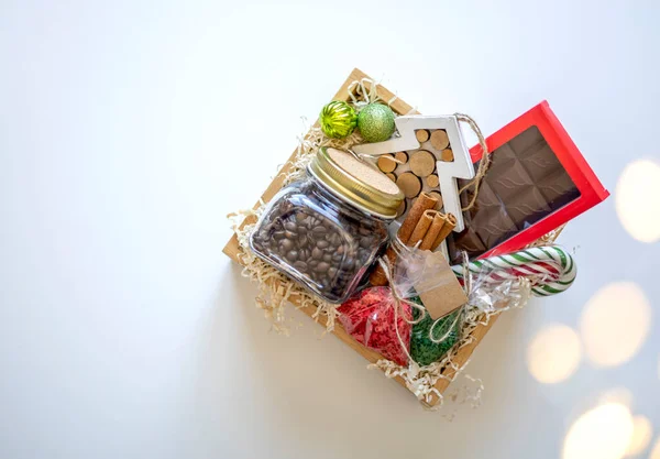 Preparing Self Care Package Seasonal Gift Box Items Coffee Drinking — Stock Photo, Image