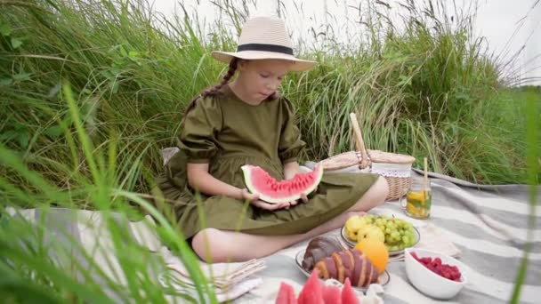 女の子の屋外スイカのピクニックの一部を食べる 十代の若者は自由時間を過ごす 健康心理的な健康の概念 新鮮な果物環境に優しい — ストック動画