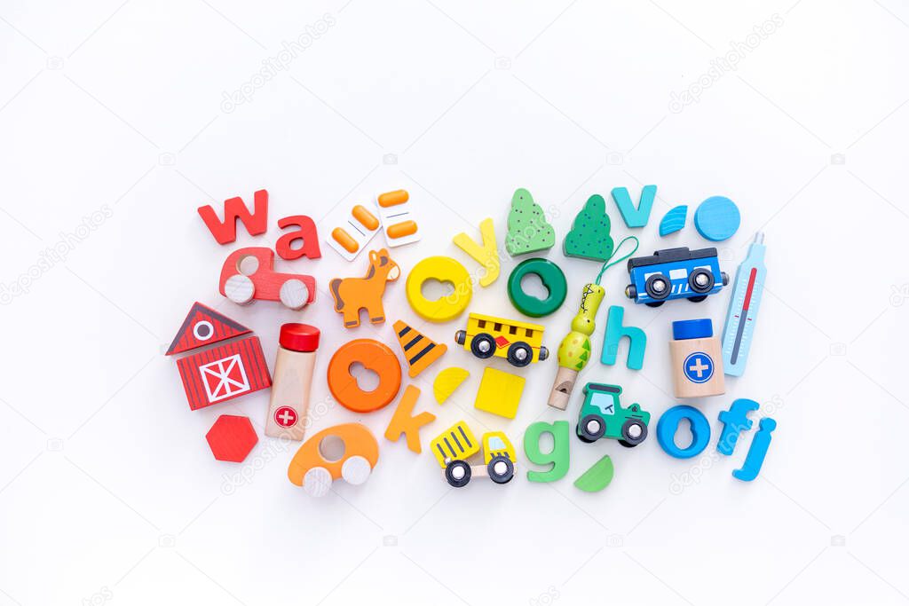 Wooden toys for children. Toy shop. Flat lay. Copy space. Montessori material. Homeschooling concept.