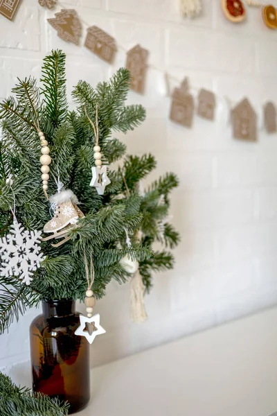 Nordic Decor Christmas Fir Tree Branch Zero Waste Holiday Concept — Fotografia de Stock