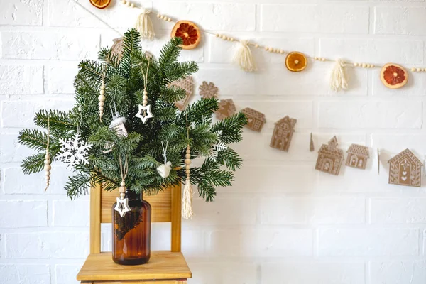 Brown Glass Jar Fir Branches Stands Wooden Chair Zero Waste — Foto Stock